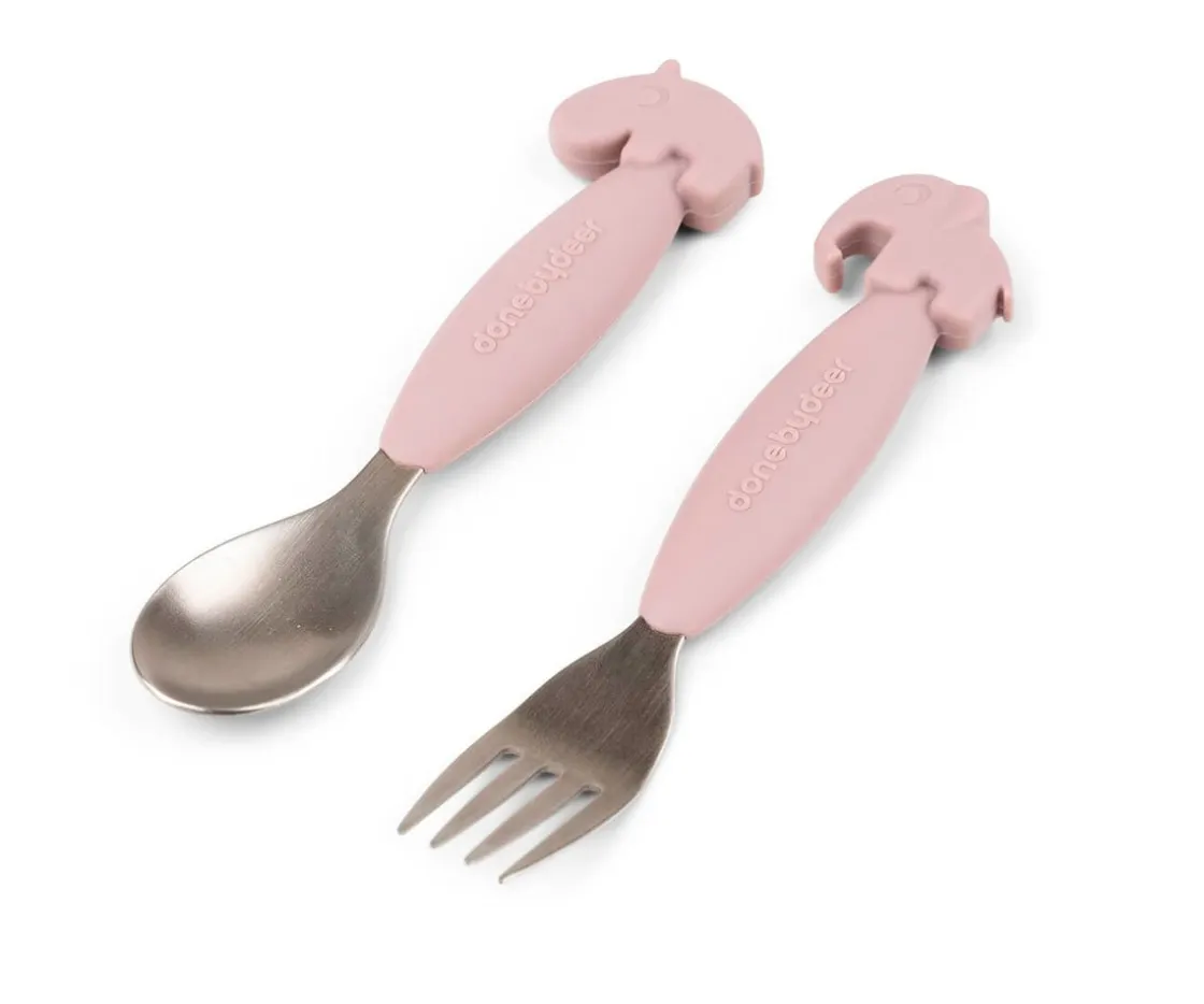 Done by Deer 2 Cubiertos Antideslizantes Deer Friends Rosa Empolvado^ Cubiertos Infantiles