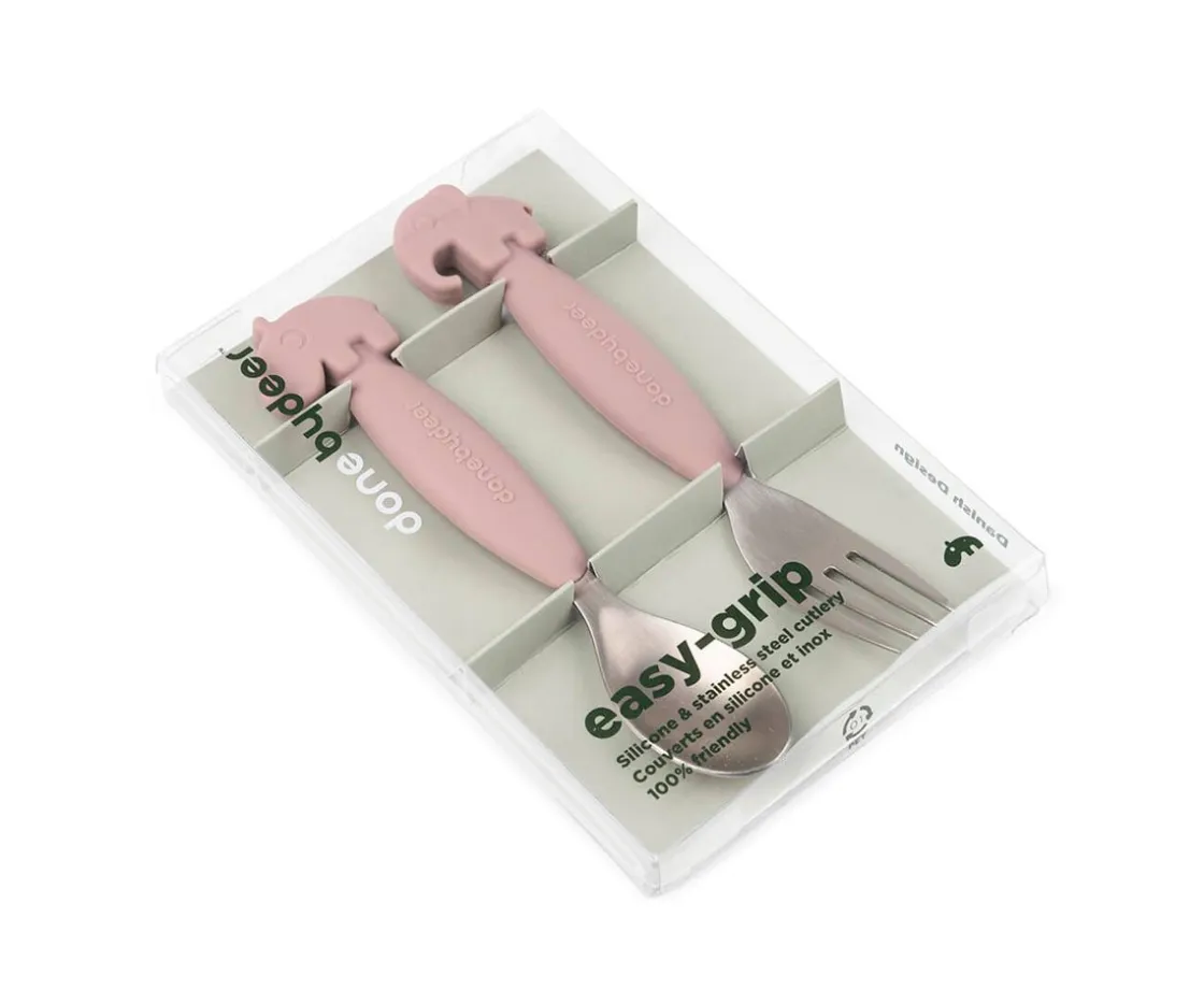 Done by Deer 2 Cubiertos Antideslizantes Deer Friends Rosa Empolvado^ Cubiertos Infantiles