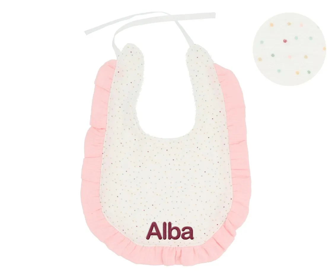 Cristina de Jos'h Babero Algodón Volante Rainbow Dots Rosa Personalizable^ Baberos Personalizados