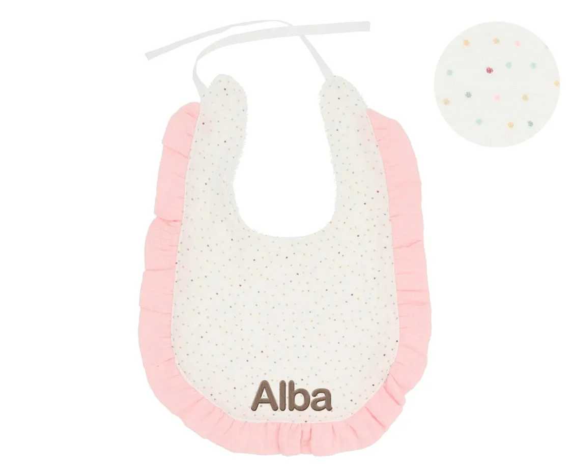 Cristina de Jos'h Babero Algodón Volante Rainbow Dots Rosa Personalizable^ Baberos Personalizados
