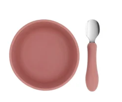 Tutete Pack Baby Meal Babero Silicona Dinos World + Bol Silicona y Cuchara Acero Brick Blush^ Vajilla Infantil