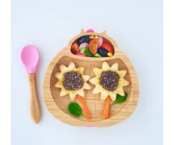 Ecorascals Plato Bambú con Ventosa Mariquita Rosa^ Vajilla Infantil