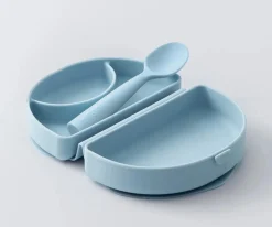 Miniware Set de Plato y Cuchara de Silicona Plegable Azul^ Vajilla Infantil